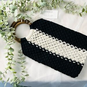 Laude The Label Gabby Macrame Clutch Bag Black White Stripe  NWT